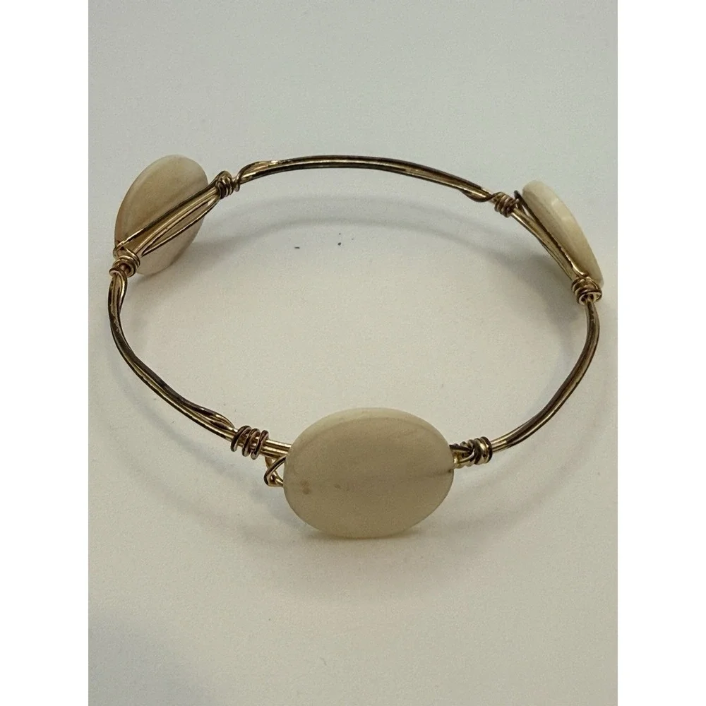 Wire Wrapped Bangle Bracelet Cream Stone Or Shell Size 7.75